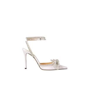 Mach & Mach Double Bow White Silk Satin Crystal-Embellished Point-Toe Pumps